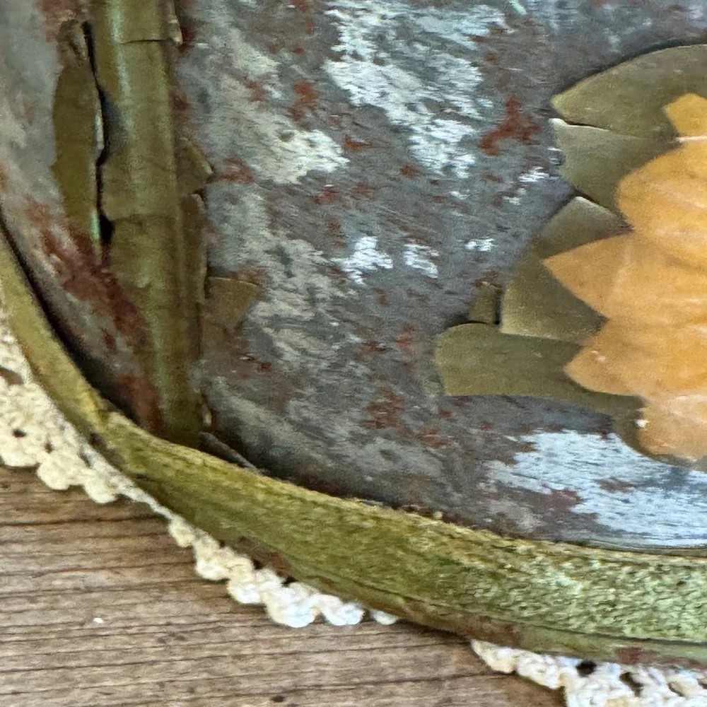 Vintage Primitive Metal Bucket Floral Tin Gingham Lined Rustic Farmhouse Decor